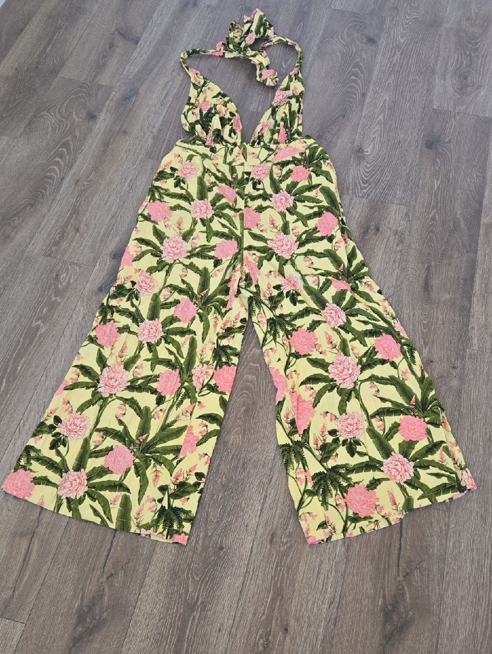 Agua Bendita Pink Floral Wide-Leg Jumpsuit on Yellow
